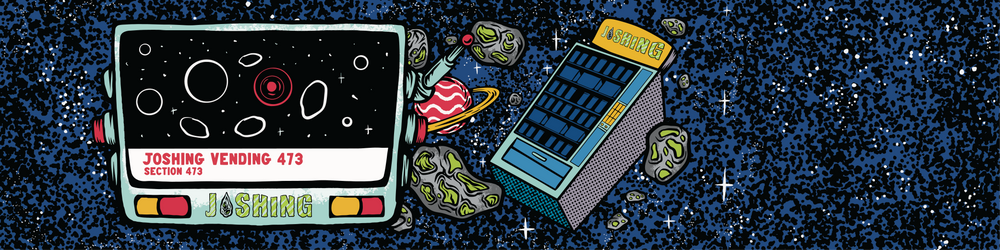 Vintage-style vending machine with space-themed design on a dark blue background